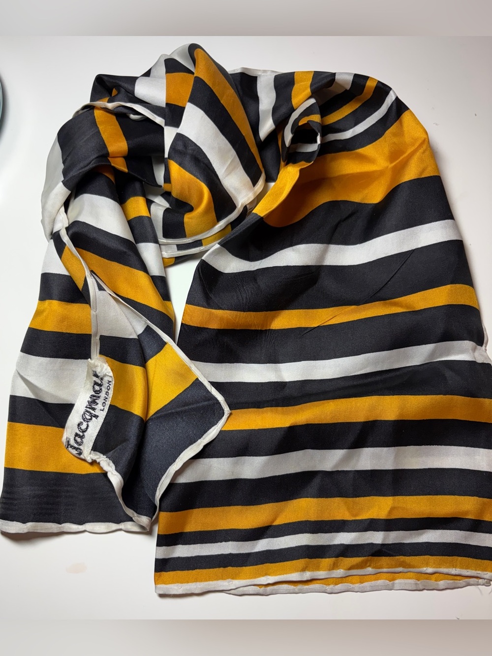 VTG Jacqmar London Silk Scarf Black Yellow Gold Ivory Stripes Hand Rolled Hem